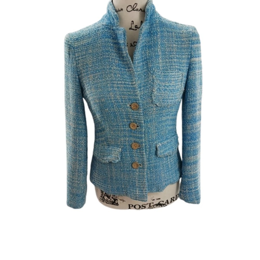 J. McLaughlin Tweed Blazer Blossom Sky Blue Silk Knit Button Jacket 4